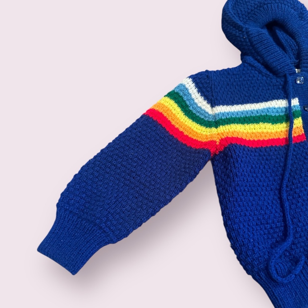 Vintage Baby Blue Rainbow Colorful Hooded Knit Cardigan Sweater Sz 18 Mon - Picture 2 of 10